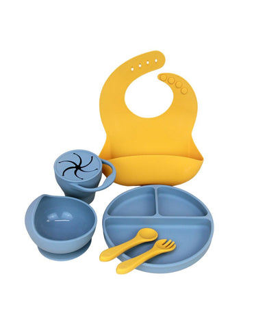 Set Completo de Alimentación para Bebé-Toddler - 6 piezas (Plato, Bowl, Cuchara, Tenedor, Babero y Vaso para Snacks) - Mango y Azul