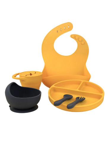 Set Completo de Alimentación para Bebé-Toddler - 6 piezas (Plato, Bowl, Cuchara, Tenedor, Babero y Vaso para Snacks) - Mango y Gris Oscuro