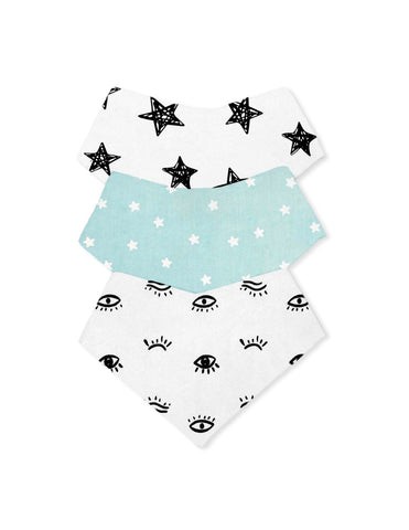 Baberos Bandana - Set de 3 Piezas Unisex (Estrellas Azules + Ojitos + Estrellas Negras)